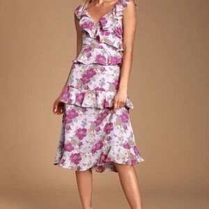 Lulus Fleur-Evermore Lavender Floral Print Ruffled Midi Dress